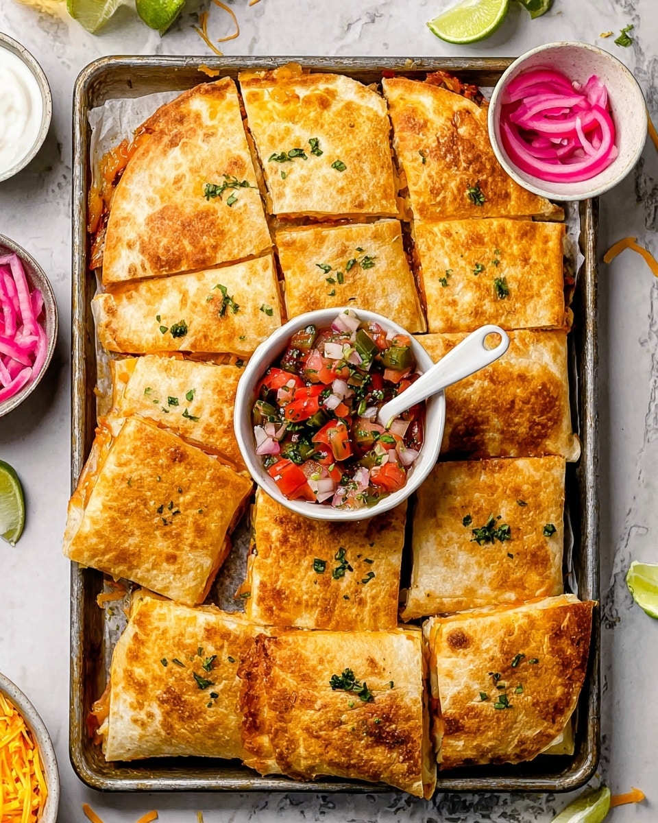 The image shows a metal baking tray filled with a large quesadilla cut into nine square pieces. The quesadilla has a golden brown shell with a slightly crispy texture, sprinkled with small pieces of chopped green herbs on top. In the center of the tray, there is a small white bowl of fresh salsa made with diced red tomatoes, red onions, green peppers, and chopped herbs, with a white spoon inside. Around the tray are small white bowls containing pink pickled onions, lime wedges, shredded cheese, and sour cream, all placed on a white marbled surface. photo taken with an iphone --ar 4:5 --v 7