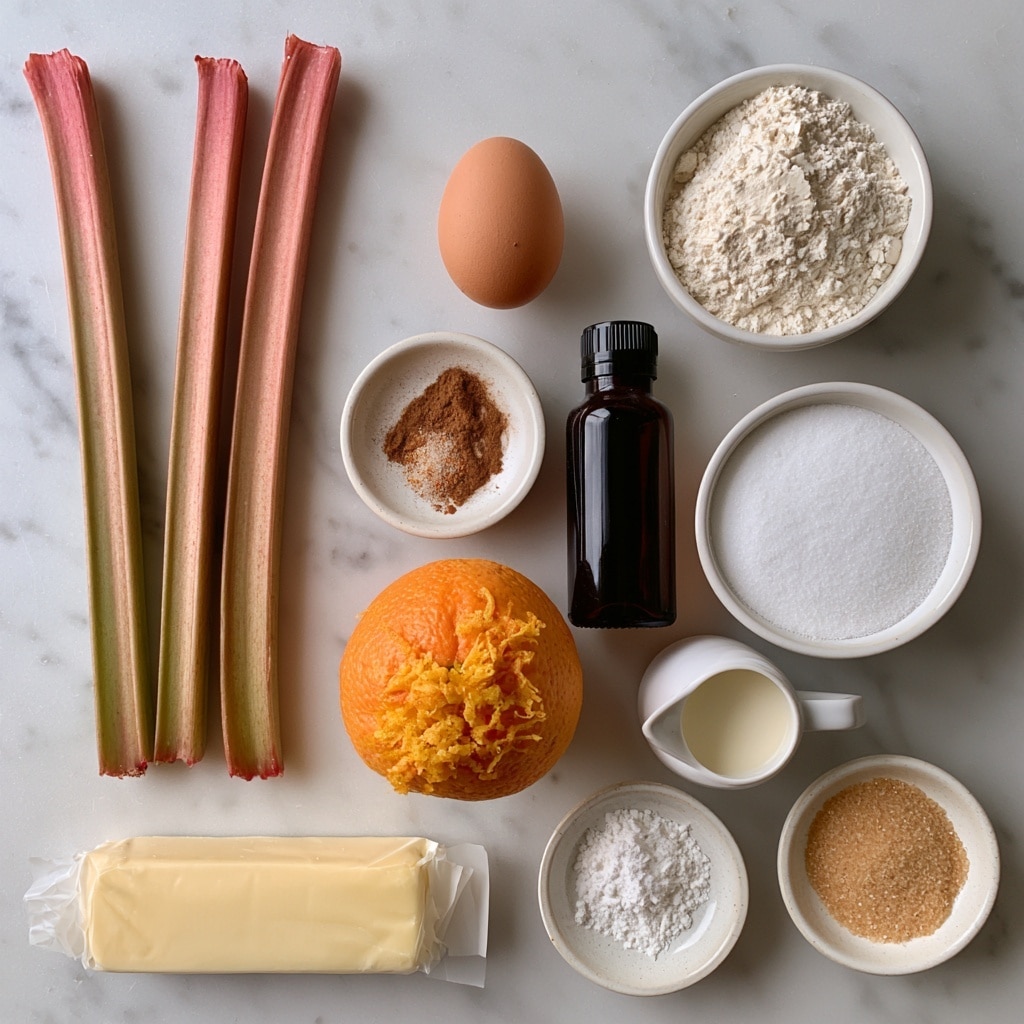 The image shows a top view of baking ingredients arranged neatly on a white marbled surface. On the left, there are three long rhubarb stalks with a pinkish-green color. To their right, a single brown egg rests beside a small white bowl filled with a fine white powder labeled flour. Below the egg, a small white bowl holds a mix of cinnamon and another spice. A dark bottle of vanilla extract stands next to a white bowl full of fine white sugar. Below, an orange with bright orange zest is placed above a small white jug of cream. At the bottom left, there is a wrapped stick of butter with pale yellow color. Next to it, two small white bowls contain baking powder and turbinado sugar, the latter with a light brown color. The overall layout is clean and organized. Photo taken with an iphone --ar 4:5 --v 7