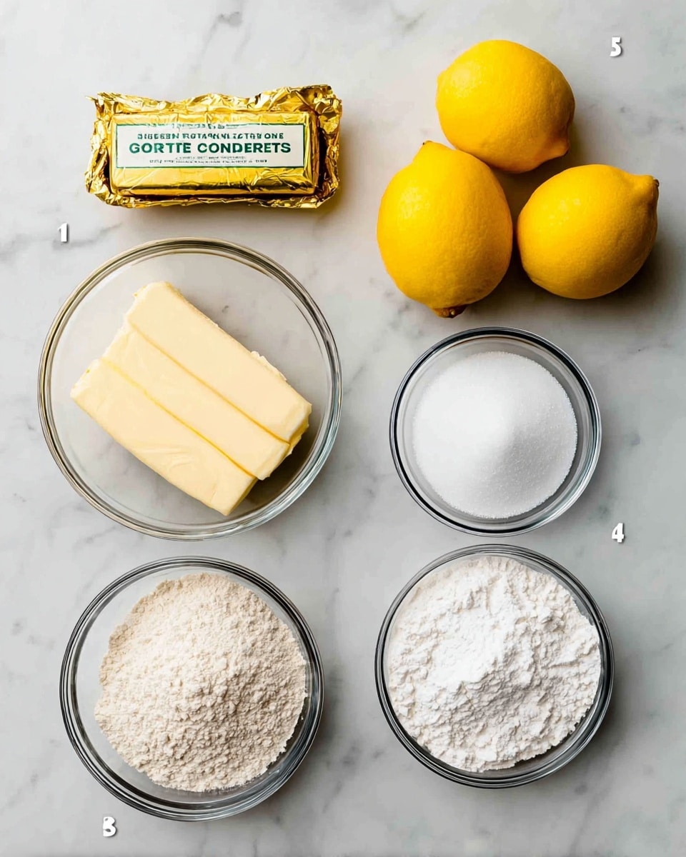 The image shows six cooking ingredients arranged on a white marbled surface. There are four bright yellow lemons clustered at the upper right, two sticks of wrapped butter with a shiny gold foil to the left, and three clear glass bowls positioned below. The largest bowl contains light, powdery all-purpose flour with some texture. To its right is a smaller bowl filled with white, fine granulated sugar, and above it another clear bowl holds white cornstarch with a slightly finer texture. Each item is spaced neatly, creating a clean and organized layout. Photo taken with an iphone --ar 4:5 --v 7
