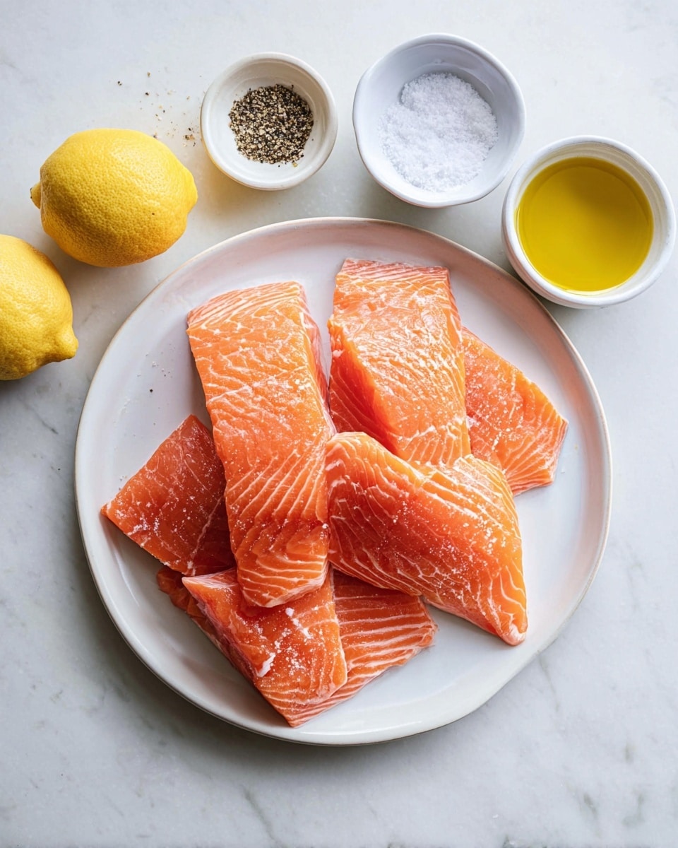 A white round plate is filled with several thick pieces of bright orange raw salmon with visible white fat lines and smooth texture, arranged in a scattered way covering most of the plate's surface. Above the plate on a white marbled surface, four small white bowls are placed, each containing one ingredient: a whole lemon with bright yellow textured skin, coarse white salt crystals, golden yellow olive oil that reflects light, and coarse black pepper. The scene is bright and clean with soft natural light. photo taken with an iphone --ar 4:5 --v 7