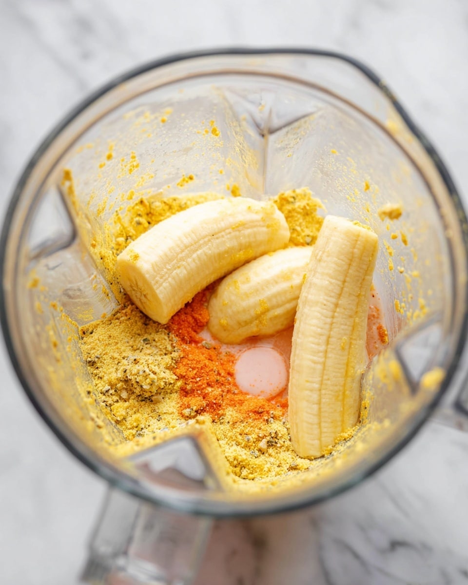 Inside a clear blender container sitting on a white marbled surface, there are four peeled yellow banana halves placed on top of a layer of mixed ingredients. Around and beneath the bananas is a yellowish powder with some orange and darker flecks. There is also a small pool of light liquid with a pinkish segment near the bottom layer. The blender container shows some droplets of the mixture on its sides. photo taken with an iphone --ar 4:5 --v 7