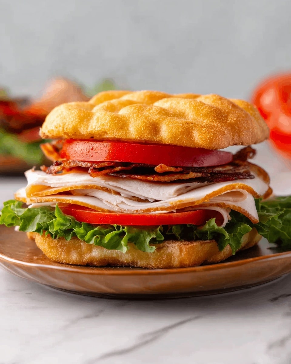 A sandwich is shown on a white plate with a white marbled surface background. The sandwich has three thick layers: the bottom layer is green leafy lettuce, the middle layer is two thick slices of red tomato, and the top layer is several folded slices of roasted turkey with a browned edge. The sandwich is held together by a golden brown, puffy textured bread top and bottom. Photo taken with an iphone --ar 4:5 --v 7