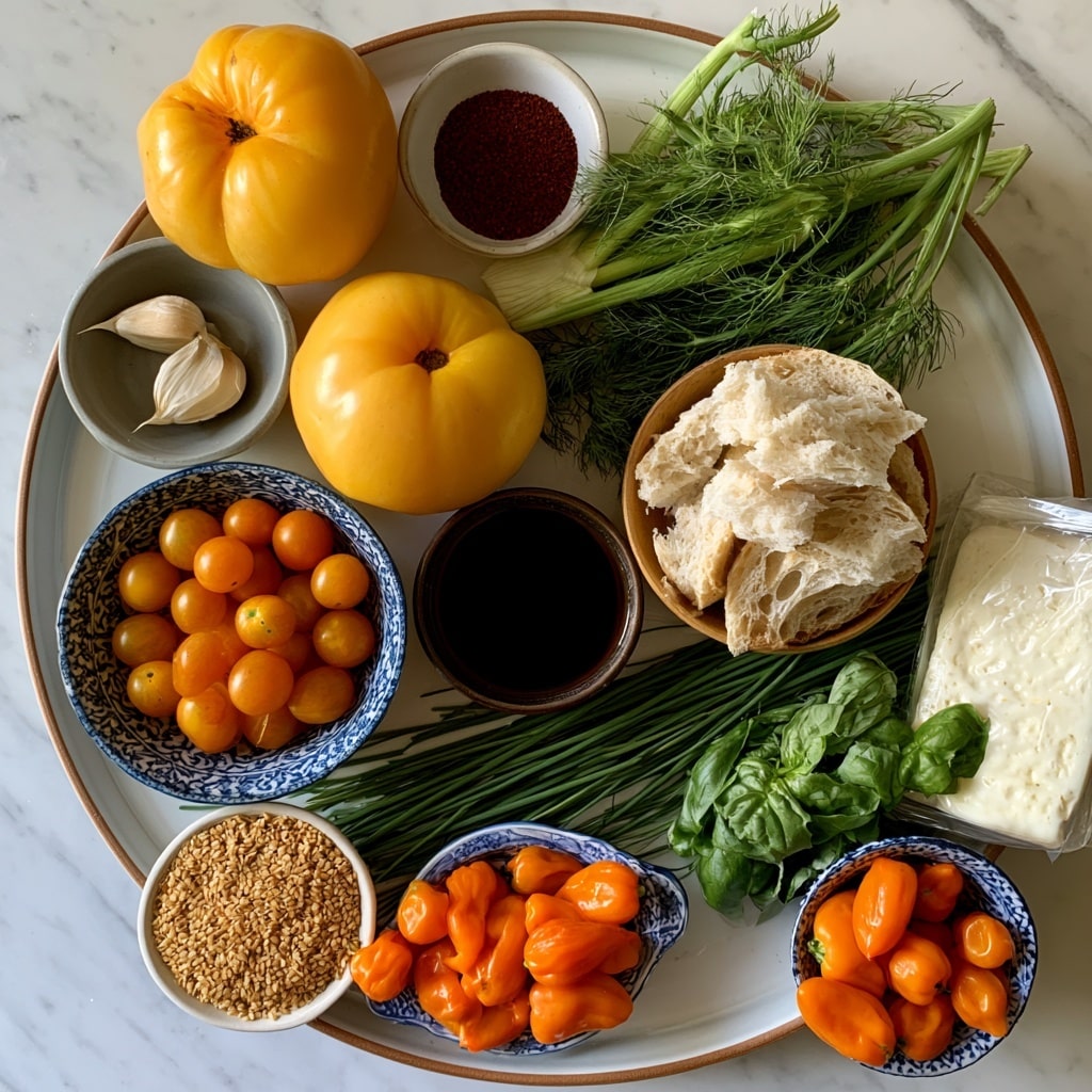 A large white plate with a brown rim holds several fresh ingredients on a white marbled surface. At the top left, three large yellow tomatoes with smooth skin sit next to a small gray bowl containing two garlic cloves. To the right of the garlic is a small white bowl with red sumac spice. Above that lies fresh fennel with green stalks and feathery leaves. Below the tomatoes, a blue and white patterned bowl is filled with small round orange Sungold tomatoes. Near it, a small dark brown bowl contains dark vinegar. To the right, a small wooden bowl holds torn pieces of light, crusty sourdough bread. Below the bread, long green chives lay with lush green basil leaves beside them. Near the bottom left, a small white bowl is filled with tan sesame seeds, and next to it is a blue and white dish holding bright orange peppadew peppers. On the far right, a pack of white halloumi cheese rests next to a small blue and white bowl also holding several peppadew peppers. photo taken with an iphone --ar 4:5 --v 7