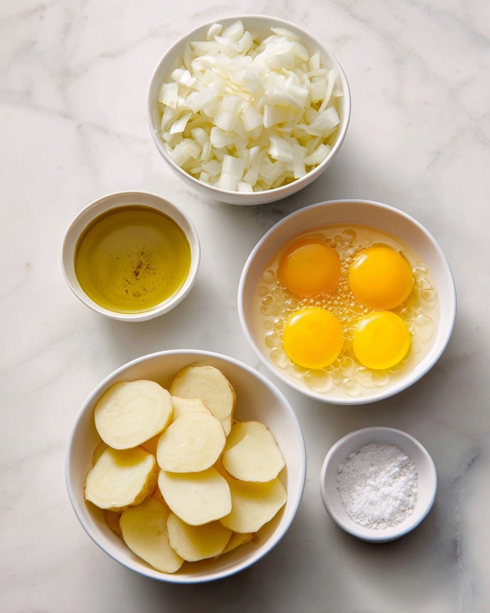 The image shows five white bowls arranged on a white marbled surface. Starting from the top center, there is one bowl filled with chopped white onion pieces showing a soft texture and light color. To the right of it, a larger bowl contains bright yellow raw eggs with visible bubbles on the surface. Below the onion and slightly to the left, a smaller bowl holds golden olive oil with a glossy, smooth texture. Below the eggs, another bowl holds thinly sliced potato rounds that are pale yellow with smooth edges. At the bottom right, a small bowl contains fine white salt. Each bowl has clear labels indicating the contents. Photo taken with an iphone --ar 4:5 --v 7