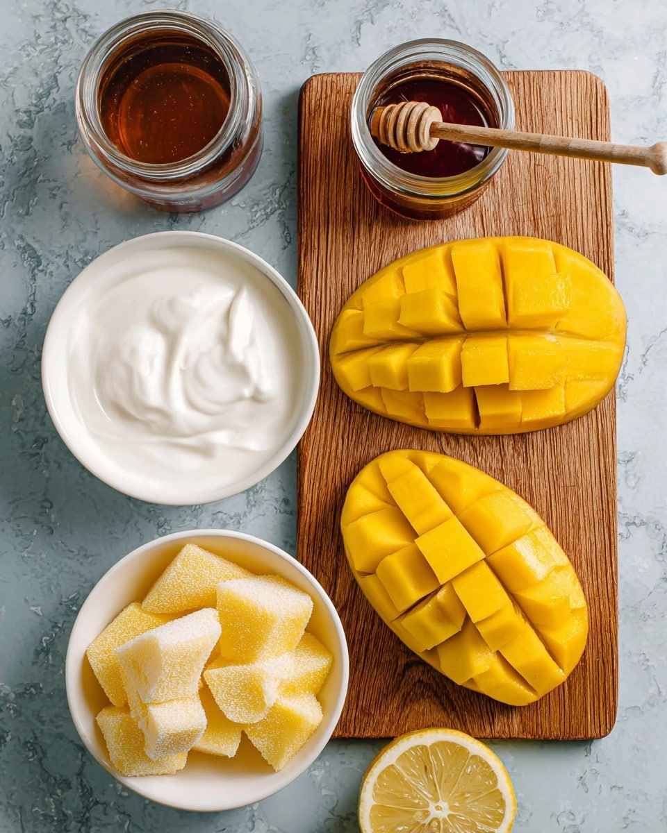 The image shows two halves of ripe mangoes placed on a wooden board, each mango half is sliced into cube shapes yet still attached to the peel. Next to the board, there is a white bowl filled with smooth white yogurt. Above the bowl, there is a small jar of dark brown honey with a wooden honey dipper inside it. Below the bowl, a white bowl holds frozen mango chunks covered lightly with frost. On the side, there is a small bottle of milk and a half-cut lemon, all arranged on a white marbled surface. Photo taken with an iphone --ar 4:5 --v 7