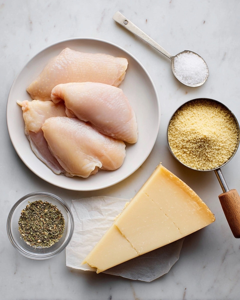 A white plate at the center holds three pieces of raw chicken with pale pink and light beige tones, showing smooth and slightly shiny textures. To the right of the plate is a metal measuring cup with a wooden handle filled with fine yellowish breadcrumbs. Below the cup is a large wedge of hard cheese with a pale yellow color and a slightly rough surface. Under the plate, a small stick of pale yellow butter wrapped partially in paper is placed. To the bottom left, a small clear glass bowl contains a blend of green and brown dried herbs. Above it, a metal measuring spoon with a wooden handle holds white salt, all arranged on a white marbled surface. photo taken with an iphone --ar 4:5 --v 7