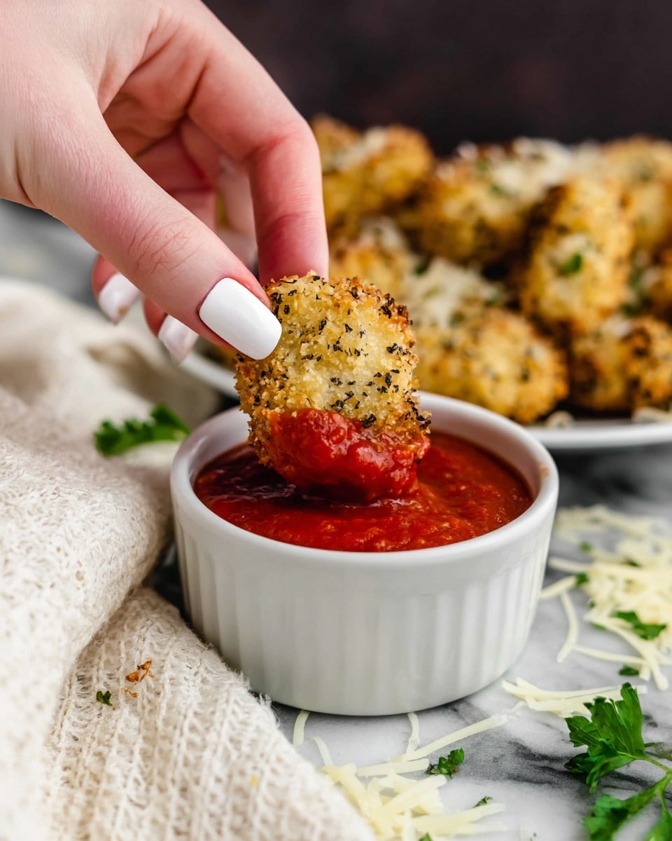 A woman's hand with white painted nails is holding a golden brown, crispy breaded nugget that is partially dipped into a small white cup filled with bright red marinara sauce. The nugget shows a textured surface with black and white seasoning bits. In the background, there is a white plate with more nuggets, and the scene is set on a white marbled surface with some shredded cheese and green garnish scattered around. A white textured cloth is placed beside the cup. Photo taken with an iphone --ar 4:5 --v 7