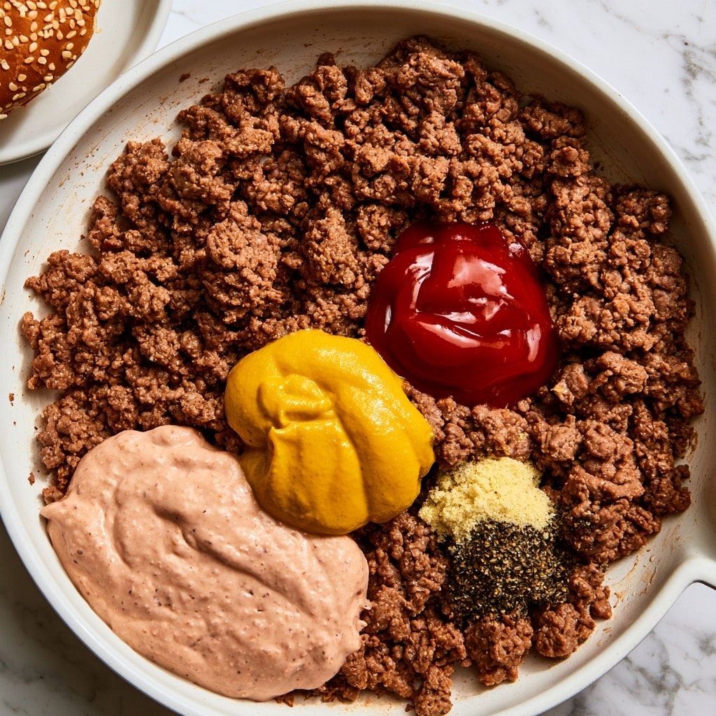 A white pan filled with cooked ground beef forms the base layer with a crumbly, brown texture. On top of the beef, there are four dollops of different sauces and powders: a smooth light pink sauce covering the bottom left, a bright yellow mustard dollop above it, a shiny red ketchup dollop to the right of the mustard, and a small pile of pale yellow and black powdered spices near the bottom right side. Part of a sesame seed bun is seen on a white plate in the top left corner, placed on a white marbled surface. Photo taken with an iphone --ar 4:5 --v 7