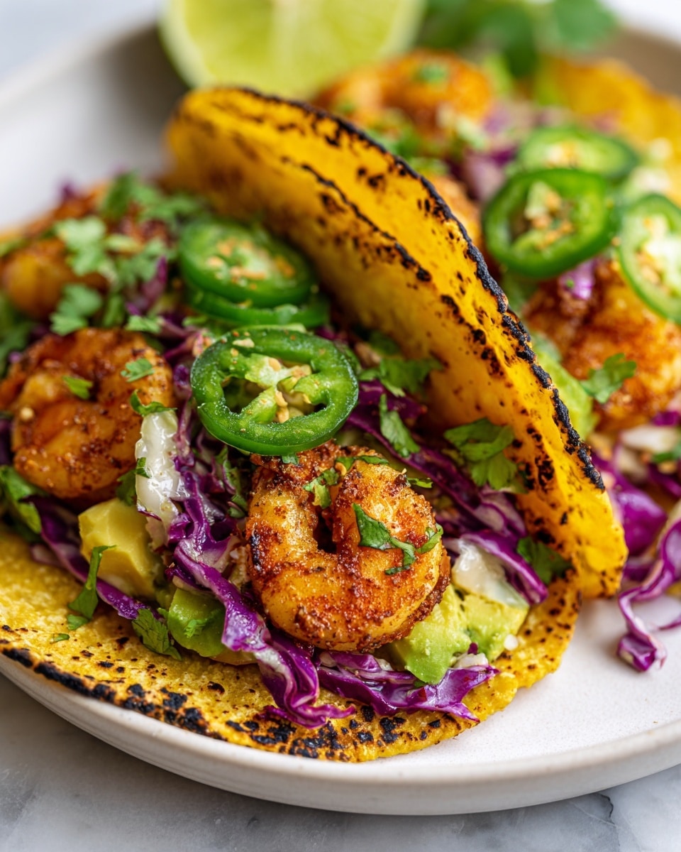 A close-up of two tacos resting side by side on a white plate with a white marbled background. The tacos each have a yellow corn tortilla with charred, blackened edges forming a slight fold. Inside the tacos, there are three main visible layers: at the base, a creamy white and purple cabbage slaw; on top of that, plump, orange cooked shrimp with seasoning; and scattered throughout are chunks of bright green avocado and slices of fresh green jalapeño. Fresh green cilantro leaves are placed on top, adding contrast. In the background, there is a wedge of lime, slightly blurred. Photo taken with an iphone --ar 4:5 --v 7