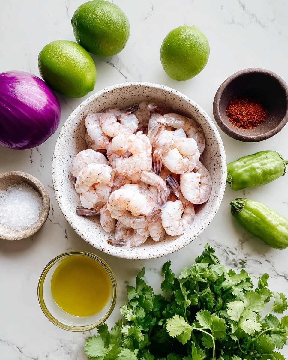 A white speckled bowl filled with peeled shrimp that are white with pink edges sits in the center on a white marbled surface. Around the bowl, there are several green limes, a whole purple onion, and a dark brown small bowl with red chili powder. A few green tomatillos with some husks still attached are placed to the right. In the lower left, a small white speckled bowl contains salt, next to a small glass bowl filled with yellow olive oil. In the foreground is a bunch of fresh green cilantro leaves. The photo taken with an iphone --ar 4:5 --v 7