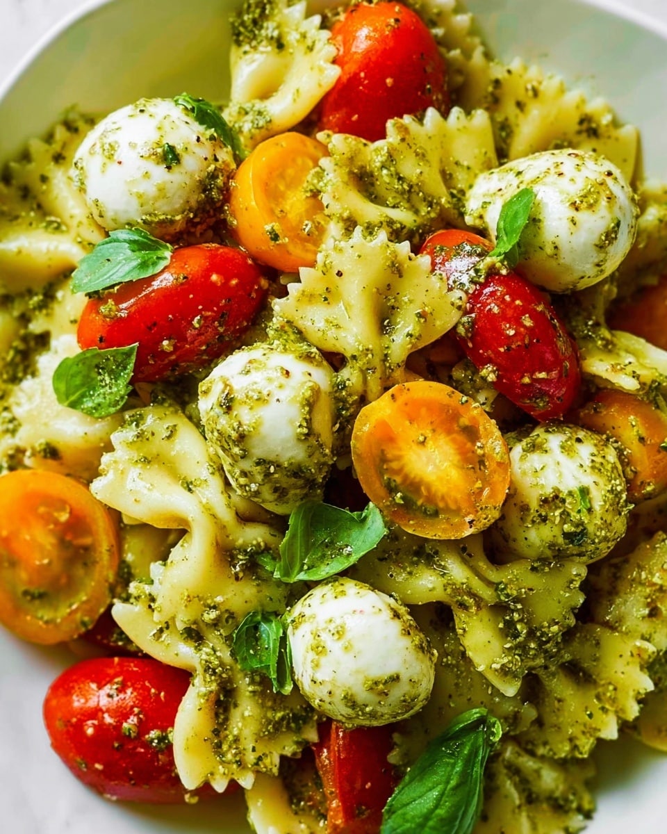 The dish is a close-up view of a pasta salad in a white bowl, placed on a white marbled surface. The pasta is farfalle with a light green pesto sauce coating each piece, giving a slightly chunky texture from the herbs and nuts. Mixed inside are whole small mozzarella balls covered in pesto, showing a shiny and smooth surface with green flecks. Bright cherry tomatoes of red, yellow, and orange add vibrant colors, sitting among the pasta and cheese. Fresh green basil leaves are scattered on top, providing a fresh, leafy texture. The overall look is fresh, colorful, and textured with layers of pasta, cheese, tomatoes, and herbs. photo taken with an iphone --ar 4:5 --v 7