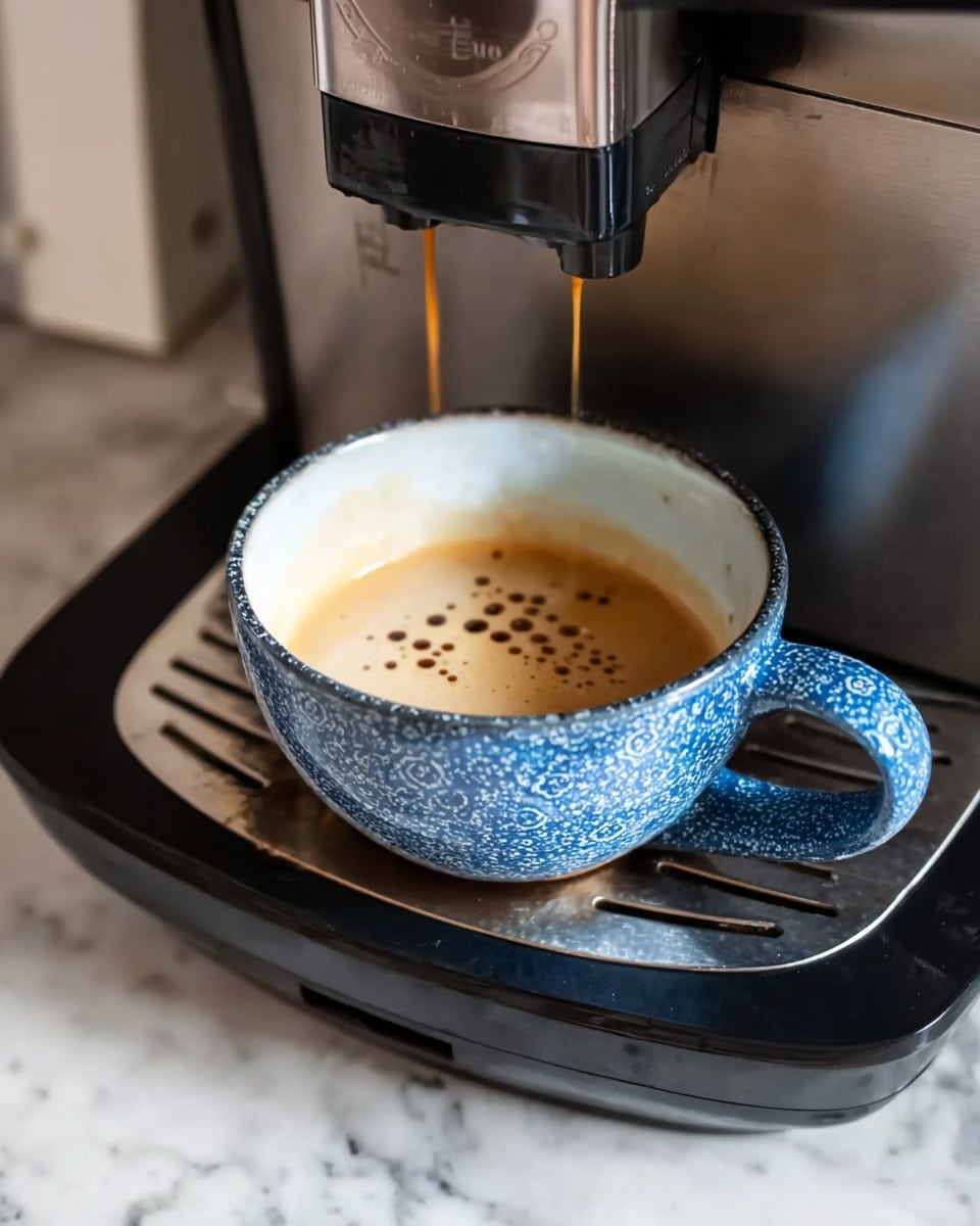 A blue patterned ceramic cup with a rounded handle rests on a coffee machine drip tray, catching dark brown coffee drips from the machine nozzle above. Inside the cup, there is a creamy light beige liquid with small bubbles on the surface, mixing slightly with the falling dark coffee drops. The coffee machine surface is metallic with a black base, and the setting is on a white marbled countertop. Photo taken with an iphone --ar 4:5 --v 7