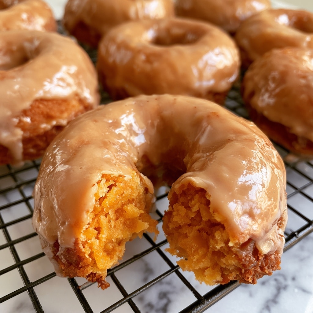 Several glazed donuts are placed on a black wire cooling rack above a white marbled surface, with one donut broken in half showing a bright orange soft inside. The donuts have a shiny, smooth light brown glaze covering their round shape with a hole in the center, and their outer texture looks slightly crispy. The focus is on the broken donut in the foreground, while the rest of the whole donuts are arranged slightly blurred in the background. photo taken with an iphone --ar 4:5 --v 7