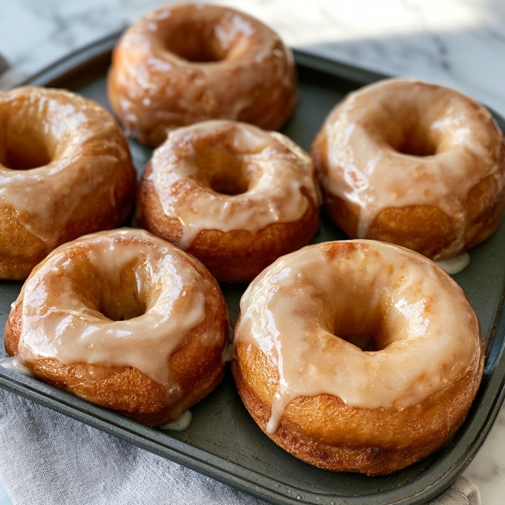 The image shows six fresh, golden-brown glazed donuts still in a dark donut baking tray. Each donut has a smooth, shiny light brown glaze layer on top that slightly drips down the sides. The donuts have a soft, moist texture with a slight crisp around the edges, and each one has a round hole in the center. The tray sits on a light gray cloth, all placed on a white marbled surface in soft natural light. photo taken with an iphone --ar 4:5 --v 7