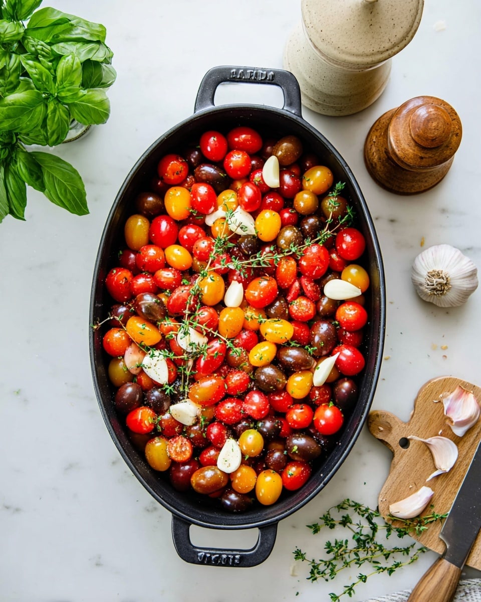 A large black oval dish filled fully with a mix of small cherry tomatoes in red, yellow, orange, and dark purple colors, scattered with several peeled white garlic cloves and a few green sprigs of fresh herbs crossing the top layer. The dish sits on a white marbled surface, with fresh green basil leaves on the top left, a ceramic jar with light brown contents on the top right, and a wooden pepper grinder nearby. A partly peeled garlic bulb and a knife with scattered garlic skins are visible on the right side. Photo taken with an iphone --ar 4:5 --v 7