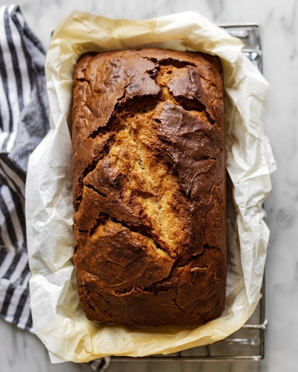 A freshly baked loaf of bread with a golden brown, cracked top that shows a soft and slightly darker inside. The bread is shaped in a rectangular form sitting on a sheet of white parchment paper. The texture of the crust is rough with deep cracks revealing the moist inside. This loaf is placed on a cooling rack over a white marbled surface, with a striped cloth partially visible on the left side. The photo taken with an iphone --ar 4:5 --v 7