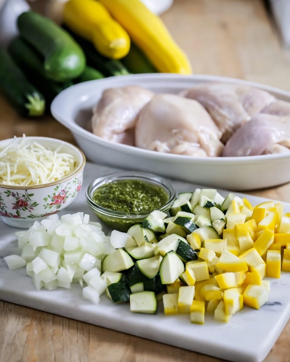 The image shows a white oval dish with two raw light beige chicken pieces in the background on a white marbled surface. In front of the dish, there is a white marble cutting board with three piles of chopped vegetables: white onion chunks on the left, yellow squash pieces in the middle, and green zucchini cubes on the right. Next to the vegetables, a small clear glass bowl is filled with green pesto sauce. To the left, a small white bowl with a floral pattern holds shredded white cheese. In the blurred background, whole green zucchinis and a yellow squash are placed on the white marbled surface. photo taken with an iphone --ar 4:5 --v 7