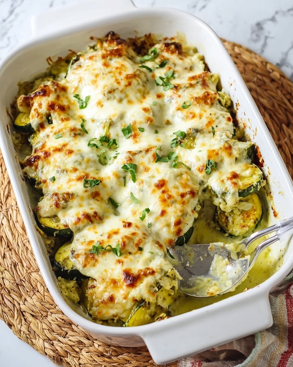 A white rectangular baking dish filled with a layered vegetable casserole, showing two main layers; the bottom layer consists of green and yellow zucchini pieces with light green sauce, and the top layer is covered with melted golden-brown cheese that looks soft and bubbly. Small bits of fresh green herbs are sprinkled evenly over the cheese. The dish is placed on a woven mat, with a spoon partially inserted on the right side. The background is a white marbled surface. Photo taken with an iphone --ar 4:5 --v 7