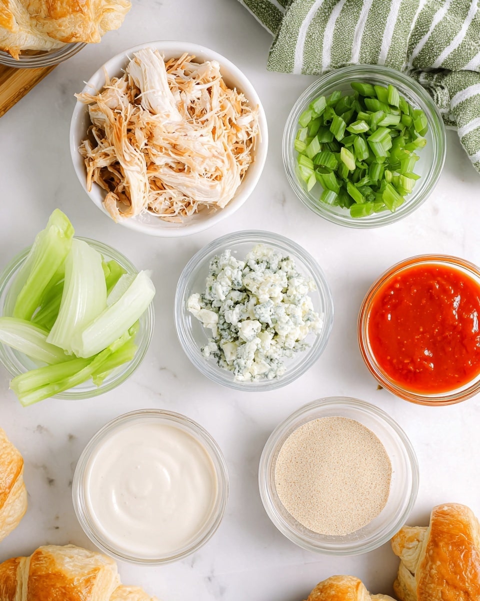 The image shows a white marbled surface with eight small white bowls arranged in a loose grid. The top left bowl contains shredded pale chicken with a fibrous texture, while the top right has chopped bright green onions. Below the chicken bowl is a bowl filled with crumbly pale blue cheese, and next to it on the right is a bowl with smooth bright red hot sauce. At the bottom left, there are curved slices of light green celery in a bowl, next to it on the right is a bowl filled with fine, light brown powder, likely seasoning. Near the bottom center are two bowls with smooth creamy white sauces, one slightly off-white with specks and the other plain white. The sides of the image contain parts of a green and white striped cloth and golden-brown croissants, along with scattered celery pieces and a few green onions. photo taken with an iphone --ar 4:5 --v 7