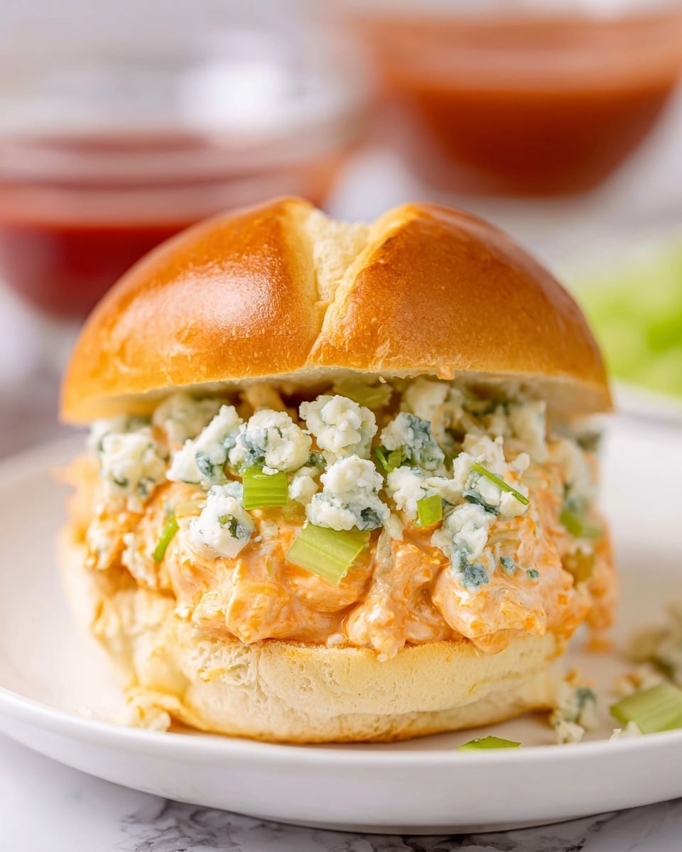 A close-up shows a sandwich on a white plate with a white marbled surface underneath. The sandwich has three visible layers: the bottom layer is a soft, slightly toasted golden-brown bun; the middle layer is a creamy orange spread mixed with small chunks of light green celery; the top layer is crumbled light blue cheese with small pieces of green chives mixed in, all held together by the top half of the bun that has a shiny, golden crust. In the background, there are blurred clear bowls with red and light green sauces. Photo taken with an iphone --ar 4:5 --v 7