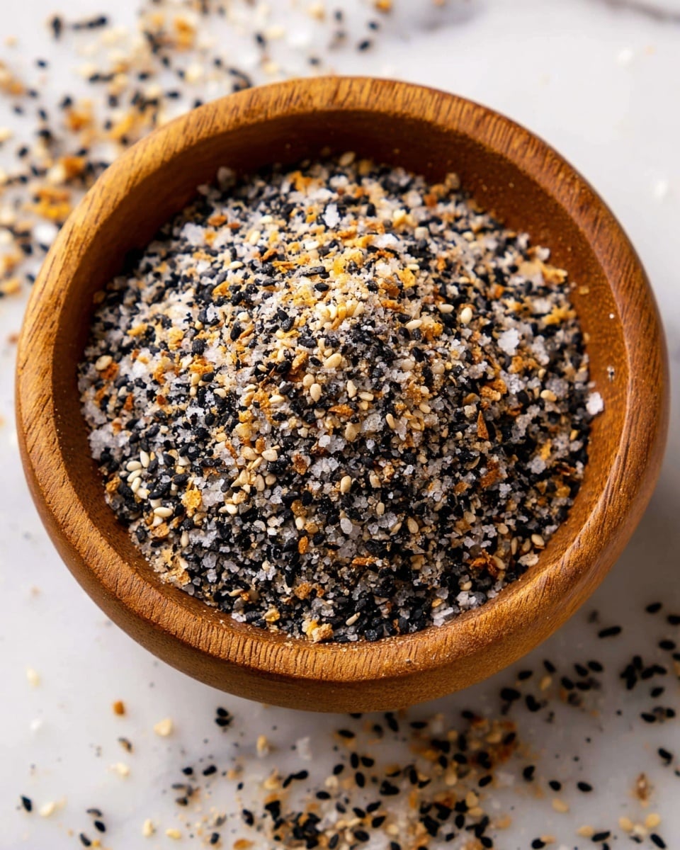 A close-up view of a wooden bowl filled with a mixed seasoning blend that has three main layers: small black poppy seeds, white sesame seeds, and golden toasted garlic bits all mixed together, sprinkled with coarse white salt. The mixture spreads slightly above the rim of the bowl and some seasoning spills onto a white marbled surface around it, adding texture and color contrast. The bowl sits in natural light, highlighting the rough and crunchy textures of the spice mix. Photo taken with an iphone --ar 4:5 --v 7