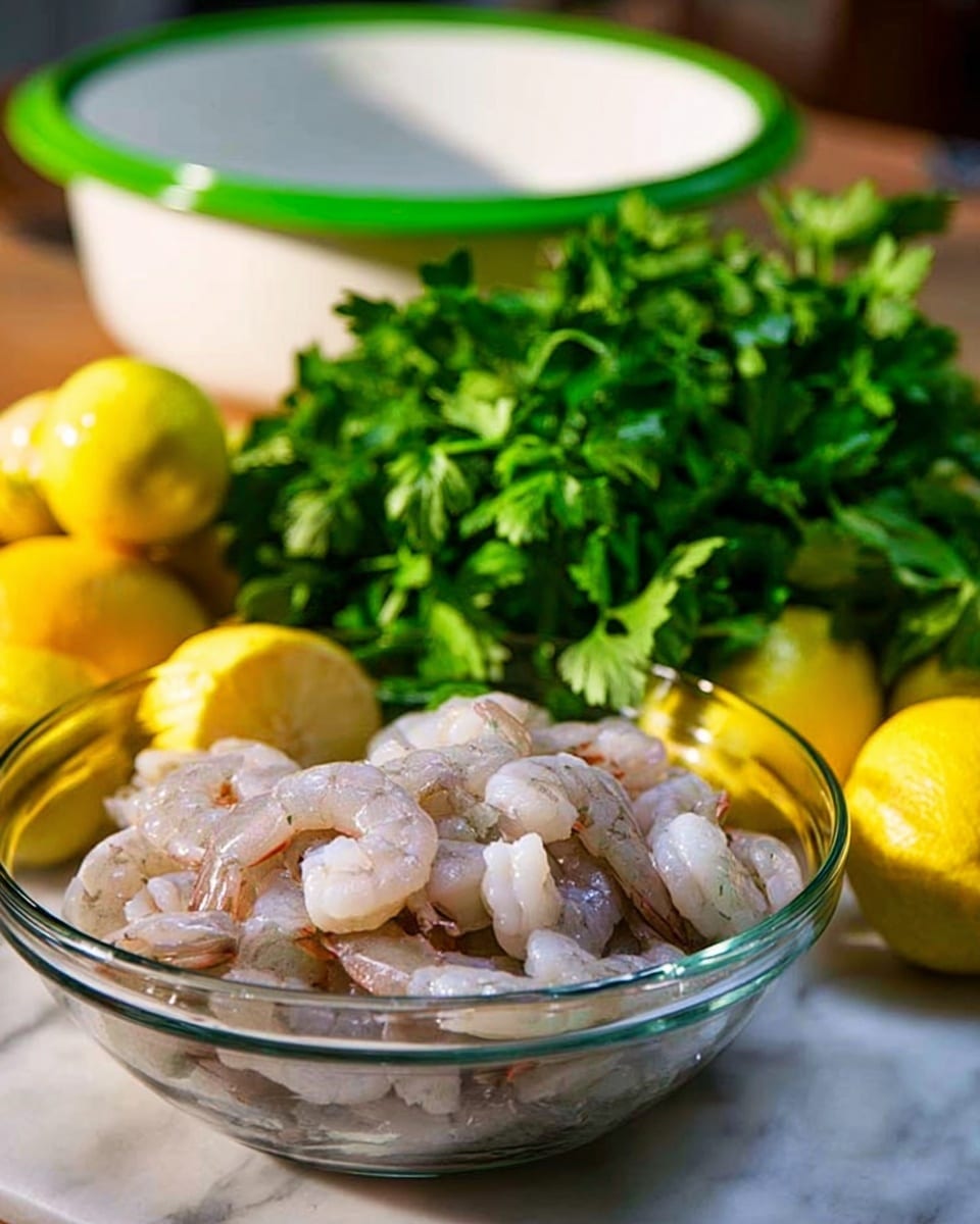 A clear glass bowl is filled with raw, peeled shrimp showing pale pink and white tones with a slightly translucent look. Next to the bowl, there is a bunch of fresh green parsley with leaves full and slightly curled. Behind the parsley, there are several small yellow lemons arranged in a cluster. In the background, a white marbled surface hosts a white bowl with a green rim and a blurred green object. The lighting is natural, highlighting the shrimp's texture and the freshness of the ingredients, photo taken with an iphone --ar 4:5 --v 7