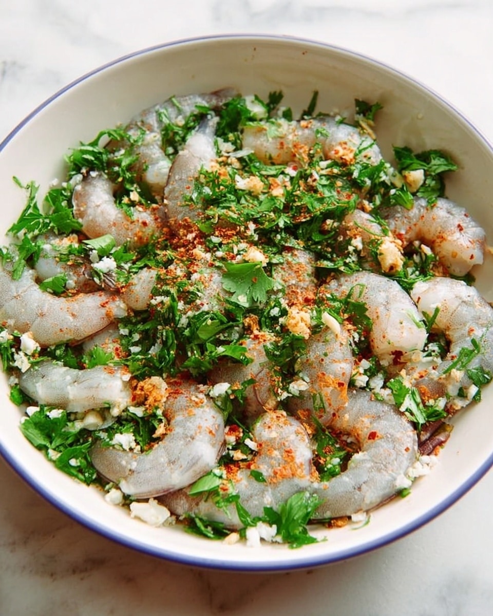 In a white bowl, there is a layer of raw shrimp spread evenly covering the whole base. The shrimp are pale gray with some pink on the edges, showing their freshness. On top of the shrimp, there is a mix of finely chopped green herbs scattered all around, giving a fresh and leafy texture. There are also small bits of minced garlic spread unevenly, adding white and beige spots. Reddish-orange spices are sprinkled unevenly over the shrimp and herbs, creating a contrast of warm colors. The bowl is placed on a white marbled surface. photo taken with an iphone --ar 4:5 --v 7