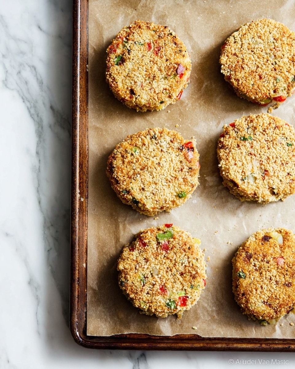 The image shows six round patties on a baking tray lined with brown paper. Each patty has a crumbly, textured outer layer, light golden in color, speckled with small bits of green and red, indicating chopped vegetables or herbs within. The patties appear thick and uneven in shape, with some edges looking rough. The baking tray is placed on a white marbled surface. photo taken with an iphone --ar 4:5 --v 7
