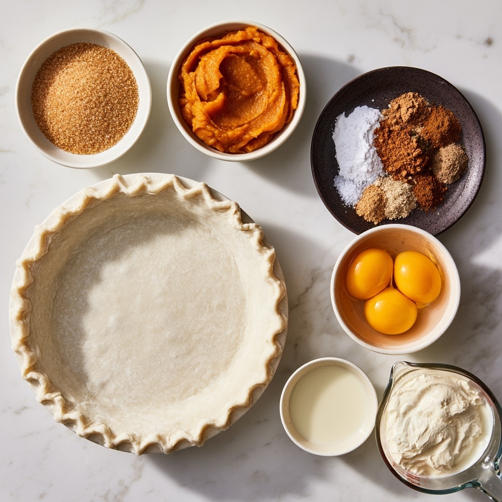 A white pie crust with a crimped edge sits empty on a white marbled surface, surrounded by small white bowls and a dark round plate containing the ingredients for pumpkin pie; a bowl of light brown granulated brown sugar, a bowl of bright orange pumpkin puree with a smooth texture, a dark plate holding white cornstarch, coarse salt, and an assortment of ground spices in brown and beige shades, a bowl of three raw yellow egg yolks submerged in egg whites, a small white bowl of pale whole milk, and a clear glass measuring cup filled with creamy white heavy cream, all placed neatly around the pie crust. Photo taken with an iphone --ar 4:5 --v 7