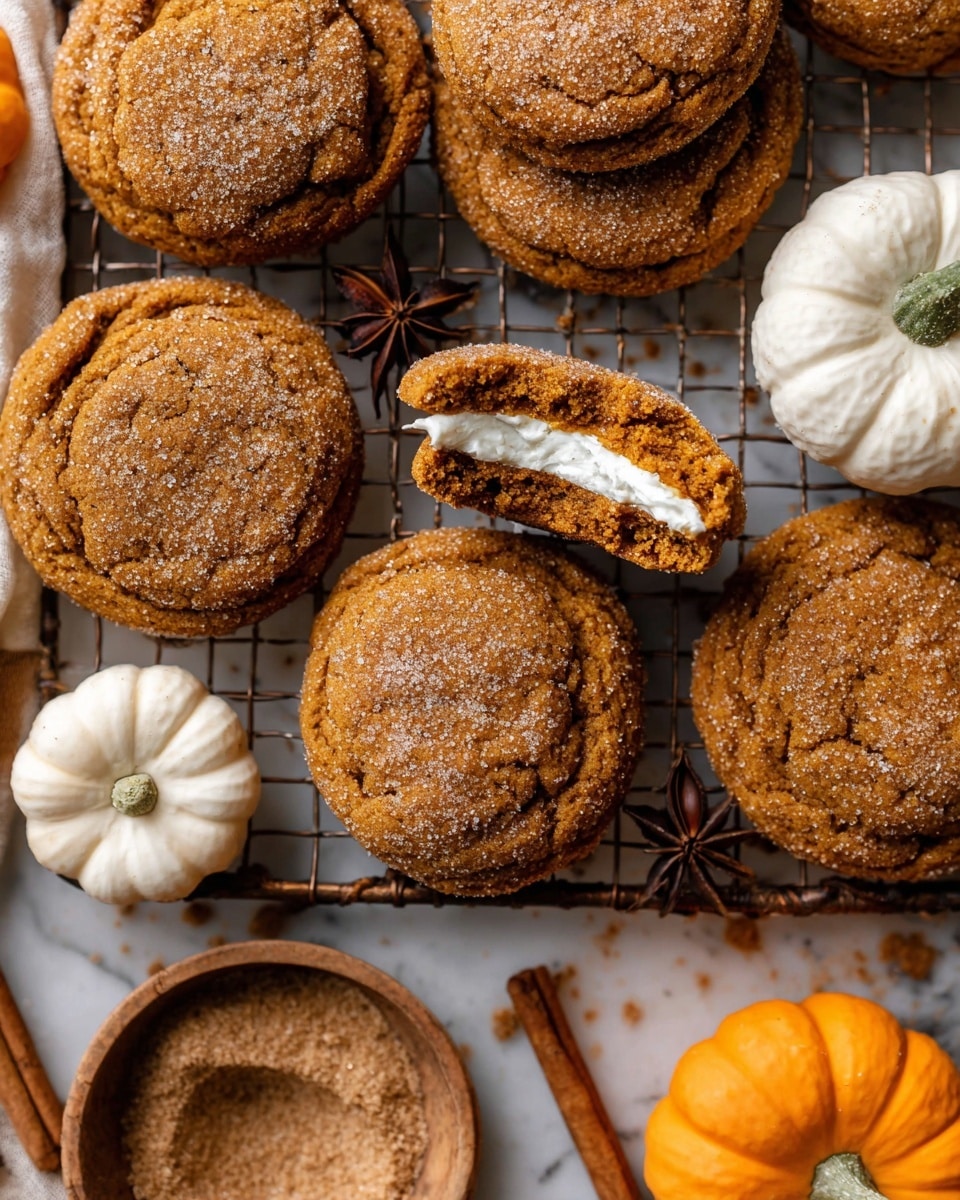 A close-up view of round pumpkin cookies on a metal cooling rack with a white marbled surface underneath. The cookies have a warm brown color with a cracked texture and some sugar crystals on top. In the center bottom, one cookie is open showing two layers: a soft outer cookie layer and a creamy white filling inside. Around the cookies, there are small white and orange pumpkins, and a small wooden bowl filled with light brown sugar and cinnamon sticks, one star anise on top. The whole scene is warm and cozy, with soft lighting and natural shadows. photo taken with an iphone --ar 4:5 --v 7