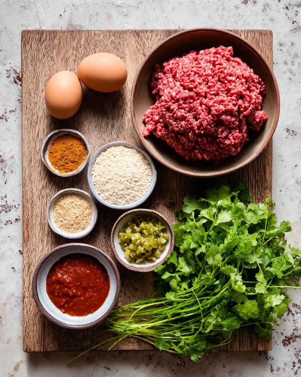 A wooden board lays on a white marbled surface with various ingredients arranged in a neat layout. In a large brown bowl on the right side, there is a big mound of raw ground meat with a rough, textured surface in a deep red color. To the left of the meat, two whole brown eggs rest side by side. Surrounding these are smaller bowls: one filled with orange spice powder, another with beige breadcrumbs, and a third with chopped green pickles in a liquid. Near the bottom is a small bowl of smooth red tomato paste. On the right edge of the board, a large bunch of fresh green cilantro with leafy stems adds bright color and texture contrast. photo taken with an iphone --ar 4:5 --v 7
