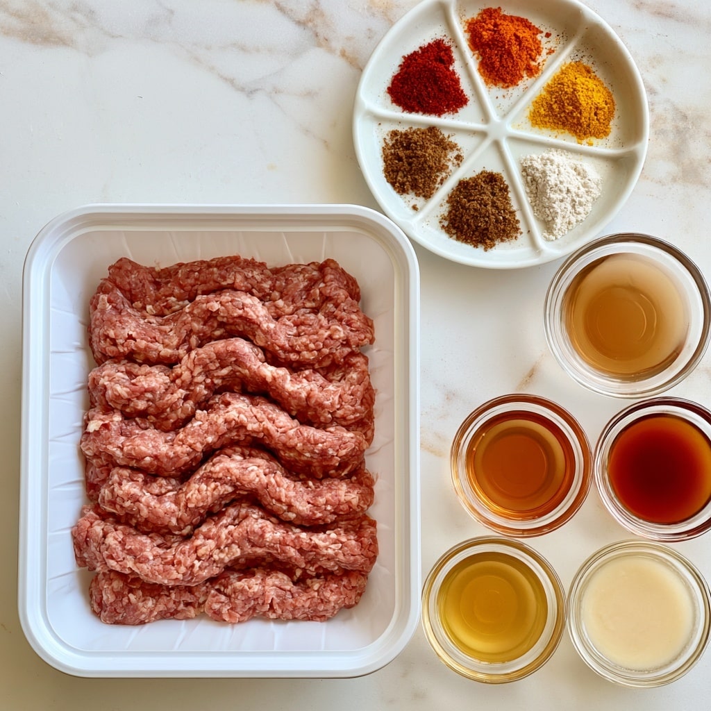 The image shows a white rectangular plastic tray with pink ground meat inside, neatly arranged in wavy lines. Above it to the right, there is a white round plate divided into six small portions of dry spices in red, orange, yellow, brown, and white colors, arranged in a circular pattern. Next to this plate is a small round clear glass bowl filled with light brown liquid. Below these, there are three more small clear glass bowls holding liquids in shades of amber, reddish-brown, golden yellow, and creamy white. The background surface is a white marbled texture. photo taken with an iphone --ar 4:5 --v 7