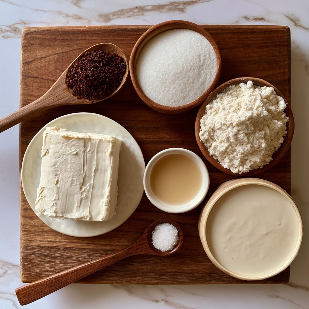 The image shows a wooden board on a white marbled surface holding several bowls and spoons with different ingredients. On the top left, a wooden spoon holds dark brown instant coffee granules. Below it, a white plate has a large block of creamy white vegan butter. To the right, two round brown bowls contain white sugar and white flour, both finely textured. Below them, a small white bowl holds light beige vanilla extract. Next to it, a round container is filled with smooth, light vegan milk. A wooden spoon with white salt sits diagonally across the board. All items are arranged neatly with clear labels above or inside each container. photo taken with an iphone --ar 4:5 --v 7