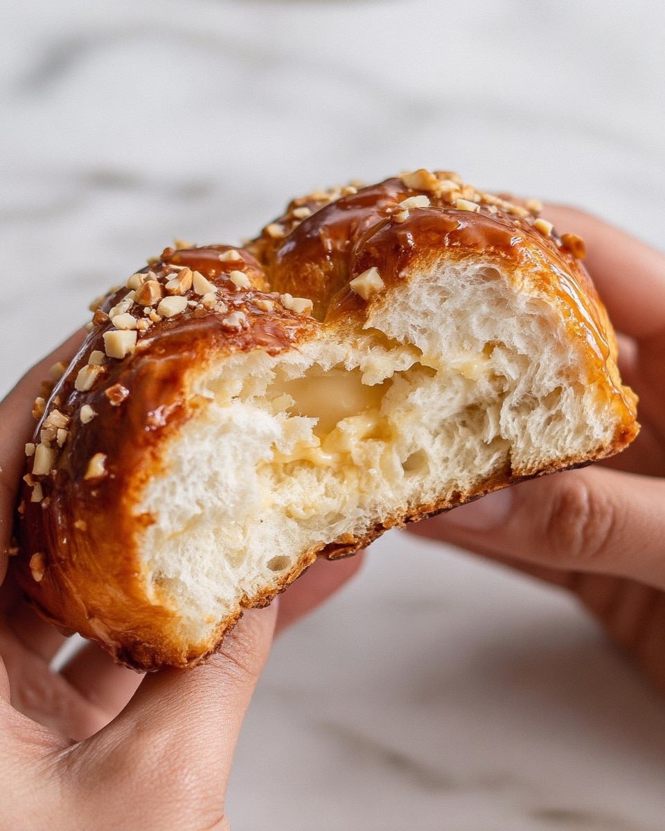 A close-up view of a torn sweet bread held by a woman's hands, showing a soft, fluffy white inside with a smooth, creamy pale yellow filling in the center. The outside has a golden brown crust topped with shiny caramel glaze and sprinkled with small pieces of chopped nuts. The background is a white marbled texture. photo taken with an iphone --ar 4:5 --v 7