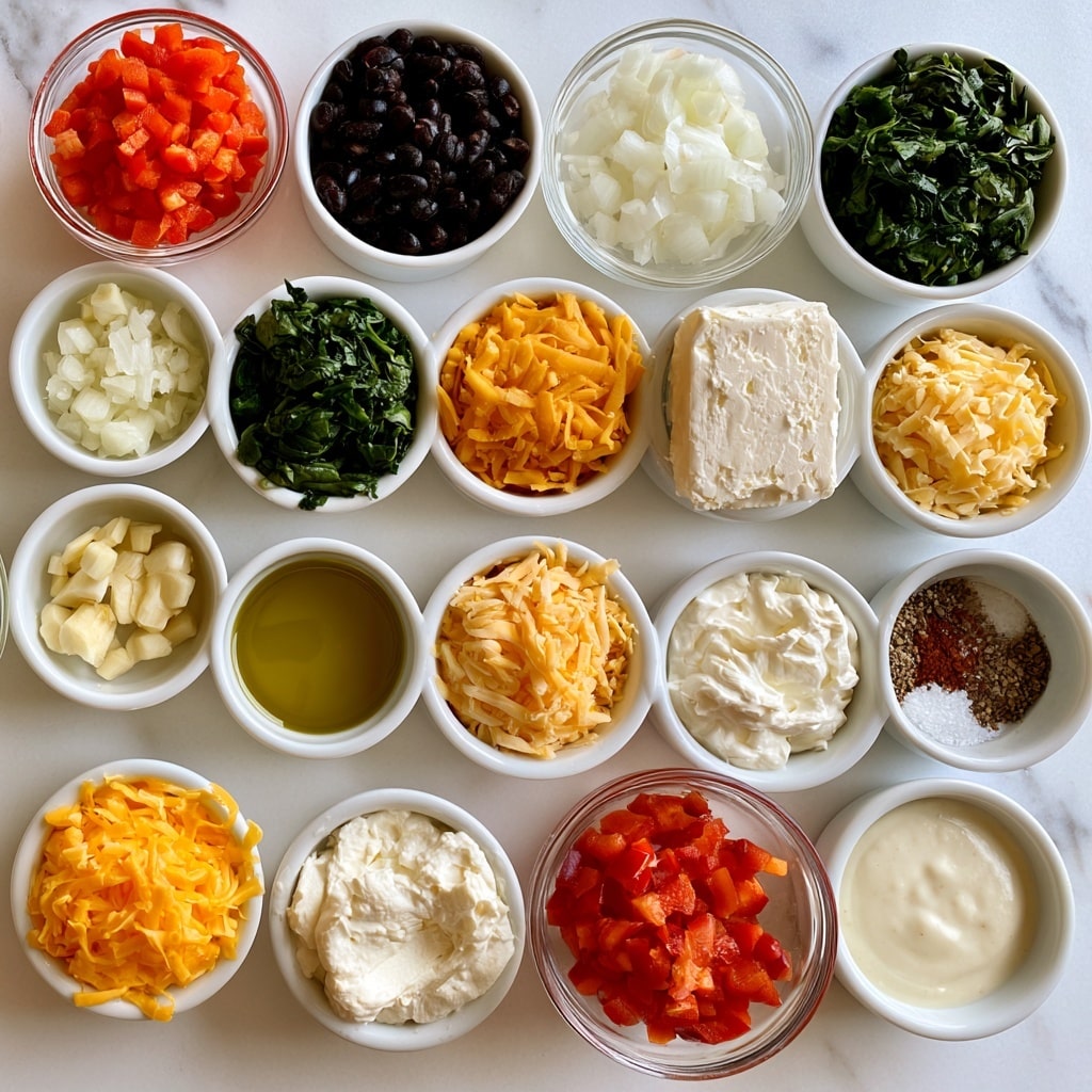 The image shows 13 small white bowls and one clear bowl arranged neatly on a white marbled surface. The bowls each hold different food ingredients: finely chopped red bell pepper in the clear bowl, cooked black beans in a white bowl, chopped white onion in a clear bowl, chopped fresh spinach in a white bowl, shredded sharp cheddar cheese, shredded mild cheese, and cream cheese block in white bowls. There are also small amounts of diced garlic, olive oil, sour cream, a mix of spices including salt and chili powder, and a creamy white sauce in white bowls. The colors range from bright reds, dark greens, and yellows to creamy whites and browns, with clear textures showing freshness and natural qualities of each ingredient photo taken with an iphone --ar 4:5 --v 7