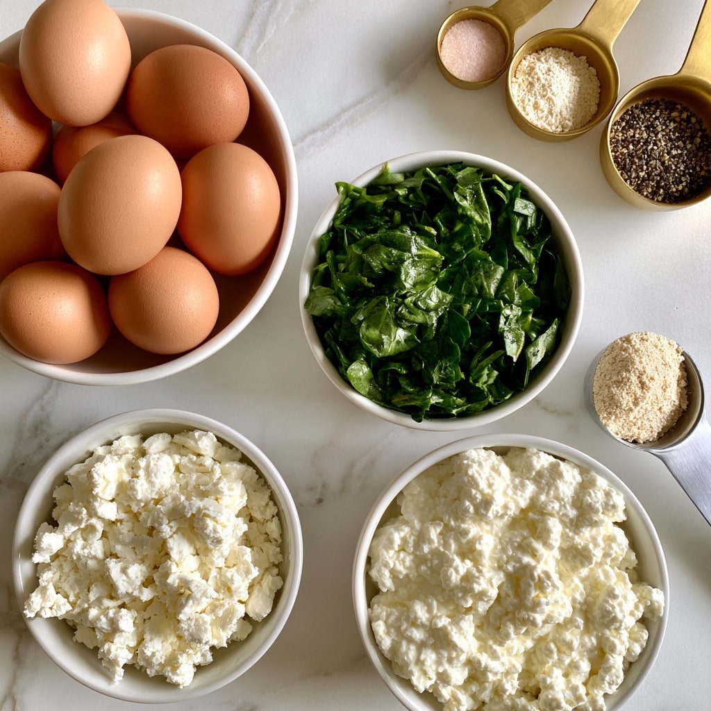 The image shows several ingredients on a white marbled surface, each in white bowls or golden measuring spoons. On the left, a bowl filled with seven brown eggs has a smooth surface. Below this, a bowl holds crumbled white feta cheese with a textured, uneven look. To the right of the feta bowl is a bowl of fresh green chopped spinach leaves with a slightly shiny texture. Below the spinach, there is a bowl full of white cottage cheese with a soft, lumpy texture. On the top right corner, three golden measuring spoons contain salt with a light pink color, onion powder in off-white, and black pepper with a dark coarse texture. A silver measuring spoon with garlic powder, light beige in color, is placed near the cottage cheese bowl. Photo taken with an iphone --ar 4:5 --v 7