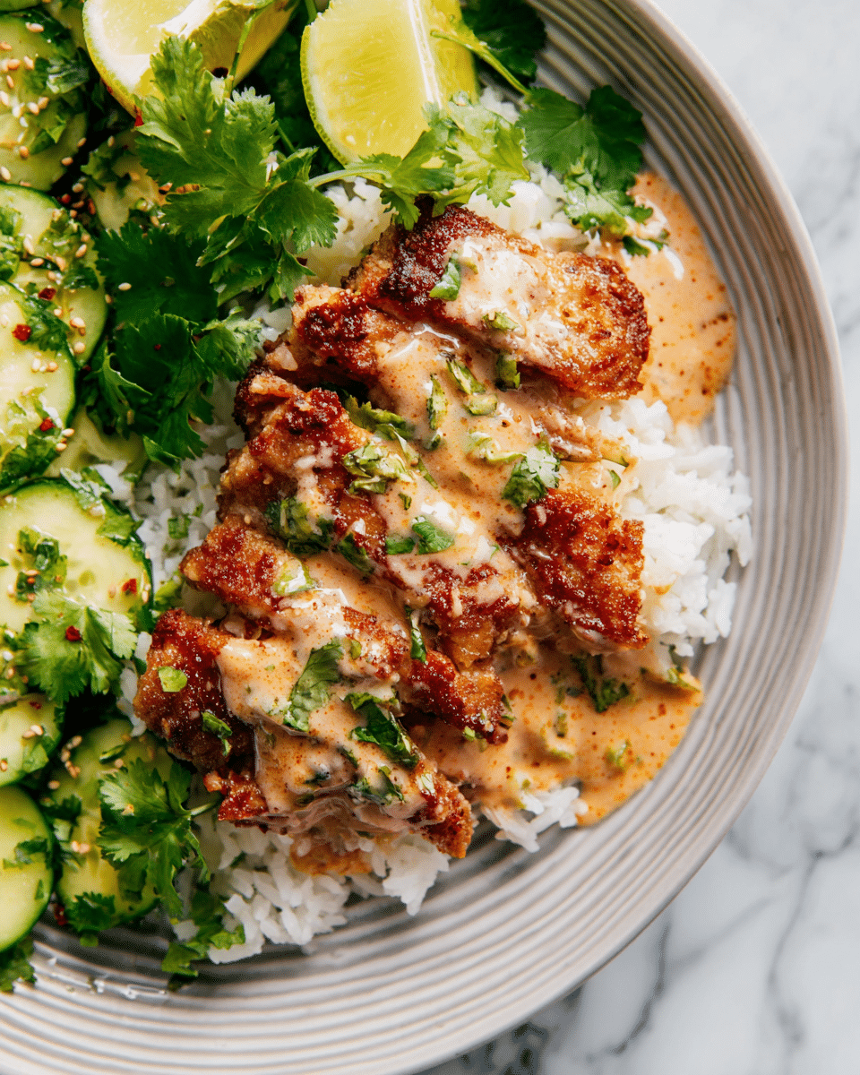 The dish shows three pieces of crispy browned chicken layered on top of a bed of white rice. The chicken is covered with a creamy, slightly orange sauce with green herbs mixed in. To the side, there is a fresh cucumber salad made of light green cucumber pieces mixed with green herbs and sesame seeds. Fresh green cilantro leaves and slices of lime add color and freshness around the chicken. The food is served on a white plate with a ridged edge on a white marbled surface. Photo taken with an iphone --ar 4:5 --v 7