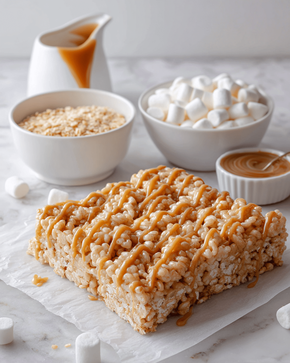 The image shows a large square of crispy rice treats with a light tan color, covered in a smooth caramel-colored drizzle on top. The rice treats have a puffed, bumpy texture and look sticky but solid. The square sits on white parchment paper, on a white marbled surface. Above the square, there are three white bowls: one with small white marshmallows, one with light crispy rice cereal, and one with caramel sauce. A white pitcher with caramel sauce drips slightly on the spout near the top left corner. The whole setup is bright and softly lit. photo taken with an iphone --ar 4:5 --v 7