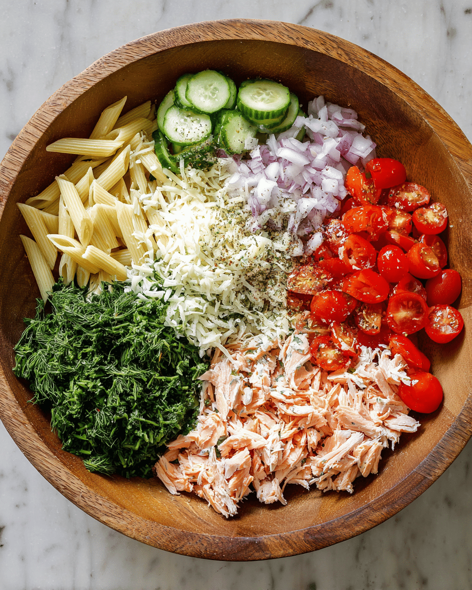 A large wooden bowl sits on a white marbled surface, filled with layers of fresh ingredients arranged separately. Starting from the left, there is cooked penne pasta with a pale yellow color, then a fresh green dill herb layer, followed by shredded white cheese piled up, with chopped dark green parsley beneath it. Next to that, there are thin slices of light purple onion, and bright red halved cherry tomatoes with a juicy texture. On the right, shredded light pink cooked salmon is seasoned with black pepper and white seasoning. Slices of fresh green cucumber with pepper flakes sit next to the salmon on the top left part of the bowl. photo taken with an iphone --ar 4:5 --v 7