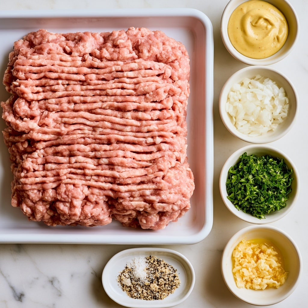A white tray holds a large block of raw ground turkey with a pink color and a soft, ridged texture. To the right, there are four small white bowls arranged vertically: the top bowl contains smooth, pale yellow Dijon mustard; the second bowl has finely chopped white onion; the third bowl shows bright green chopped parsley; and the fourth bowl holds minced garlic with a yellowish tinge. Below the tray of turkey, there is a small white dish filled with a mixed pile of dry seasonings in colors of white, black, and beige. All items are placed on a white marbled surface. Photo taken with an iphone --ar 4:5 --v 7