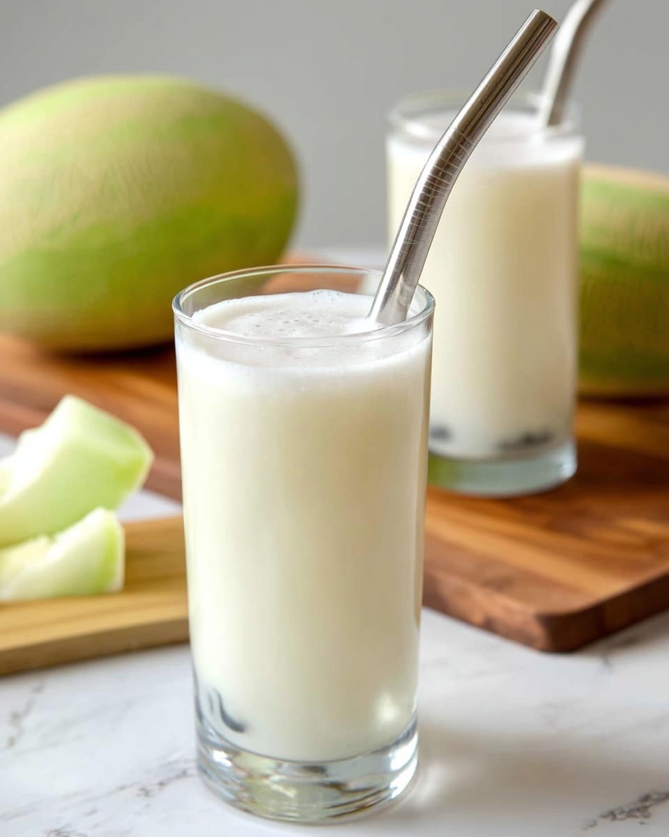 A tall clear glass filled with a creamy white drink topped with a thin layer of foam, a shiny metal straw placed inside leaning slightly to the right, with two pieces of pale green melon in the background sitting on a wooden board, all set on a white marbled surface. Another similar glass with the same drink is partially visible behind, blurred in the background. photo taken with an iphone --ar 4:5 --v 7