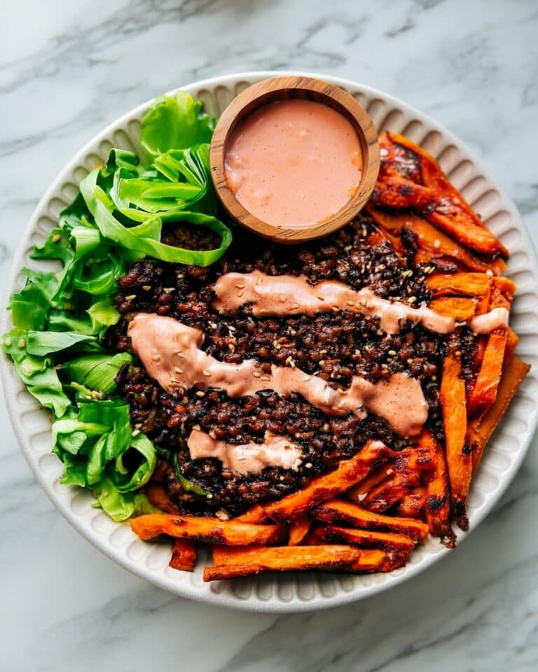 Homemade Burger Bowl with Sweet Potato Fries and Creamy Sauce Recipe