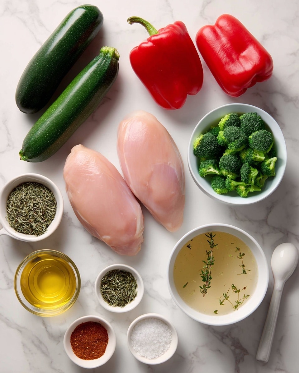 The image shows various ingredients arranged neatly on a white marbled surface. There are two raw chicken pieces in the center, pink and smooth with a fresh look. Above them are two dark green zucchinis and two bright red bell peppers, all whole with shiny skin. To the right, there is a small white bowl filled with fresh green broccoli florets and two onions, one whole and one cut in half showing its white layers inside. Below the chicken, a small white bowl holds light chicken broth with some herbs floating on top. Next to it is a small white bowl with dried green thyme and rosemary, while a white spoon holds colorful spice powders including chili, paprika, garlic, and onion powder. Olive oil is seen in a small clear glass container, and salt and pepper are in two small white bowls. There is also a white bowl containing minced garlic. All items are spaced out clearly, with a clean and bright look. Photo taken with an iphone --ar 4:5 --v 7