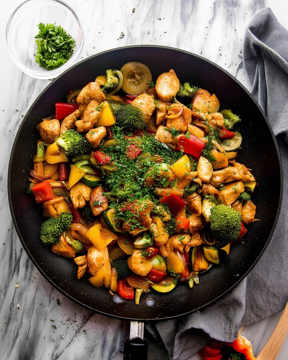 A close-up of a black pan filled with cooked chicken pieces and mixed vegetables. The dish has three main layers: chunks of golden brown cooked chicken scattered evenly, bright green broccoli florets, and vibrant pieces of red and yellow bell peppers mixed with slices of zucchini and onions. The vegetables look tender and slightly caramelized. Small green herb bits are sprinkled throughout the dish, adding a fresh touch. The pan sits on a white marbled surface. photo taken with an iphone --ar 4:5 --v 7
