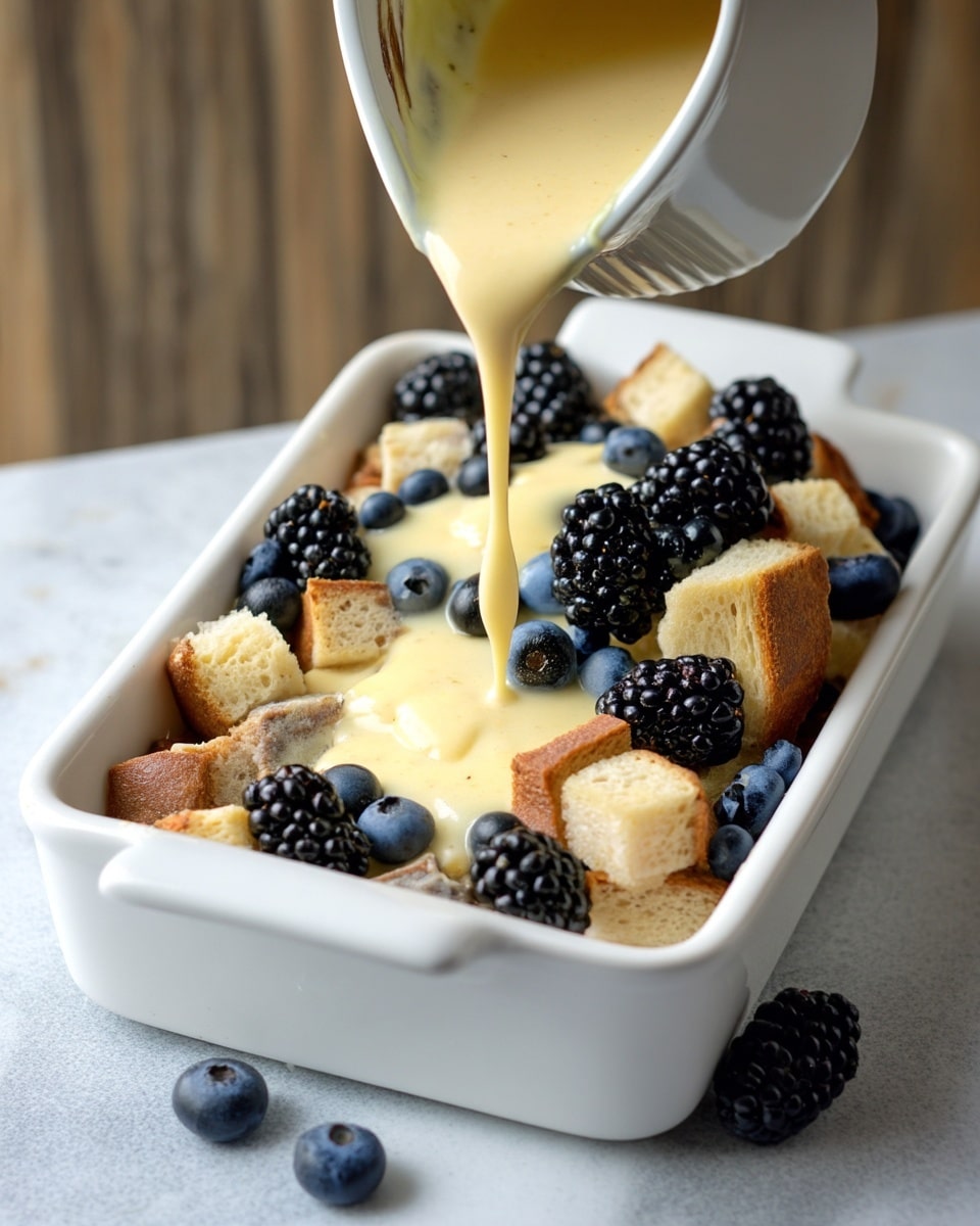A white rectangular dish filled with three layers: the bottom layer has small white and light brown bread cubes, the middle layer is scattered dark blue blueberries and black blackberries, and the top layer is a light yellow creamy sauce being poured thickly from a white jug into the dish. The wooden background is out of focus and the dish sits on a white marbled surface. Photo taken with an iphone --ar 4:5 --v 7