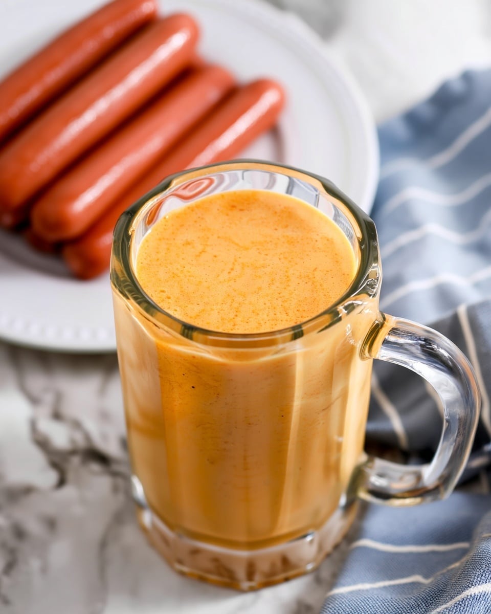 A clear glass mug filled with a smooth, creamy light orange beverage that nearly reaches the top edge. Behind the mug, there is a white plate holding five shiny reddish-brown sausage links, arranged side by side. Part of a blue and white striped cloth is visible to the right, all placed on a white marbled surface. The photo taken with an iphone --ar 4:5 --v 7