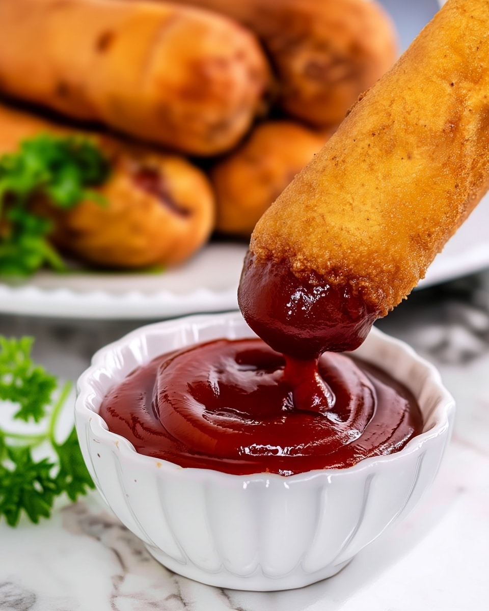 A golden brown fried corn dog is dipped into a small white scalloped bowl filled with thick, rich, dark red ketchup. The corn dog’s crispy textured surface contrasts with the smooth and shiny ketchup. In the background, several more corn dogs rest on a white plate with a small green parsley garnish on the white marbled surface below. The image is focused up close on the dipping action, showing detailed texture of the fried coating and the gloss of the ketchup, photo taken with an iphone --ar 4:5 --v 7