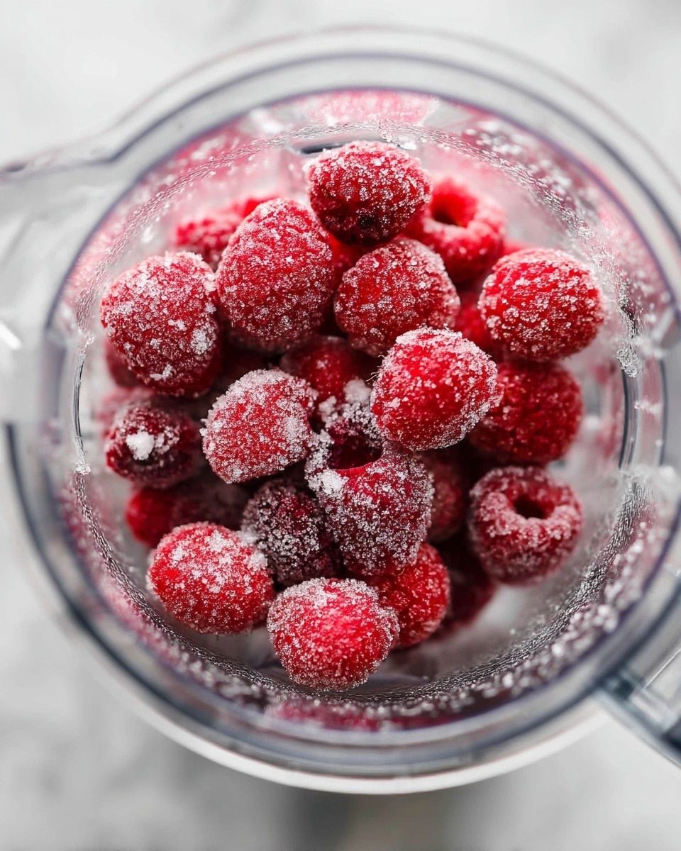 Inside a clear blender container, there is a layer of bright red frozen raspberries covered with a dusting of white granulated sugar, giving them a frosty look. The raspberries are clustered close together, and the clear plastic walls of the blender show their rough texture and icy coating. The background is a white marbled surface, softly blurred to keep focus on the fruit inside the blender. photo taken with an iphone --ar 4:5 --v 7