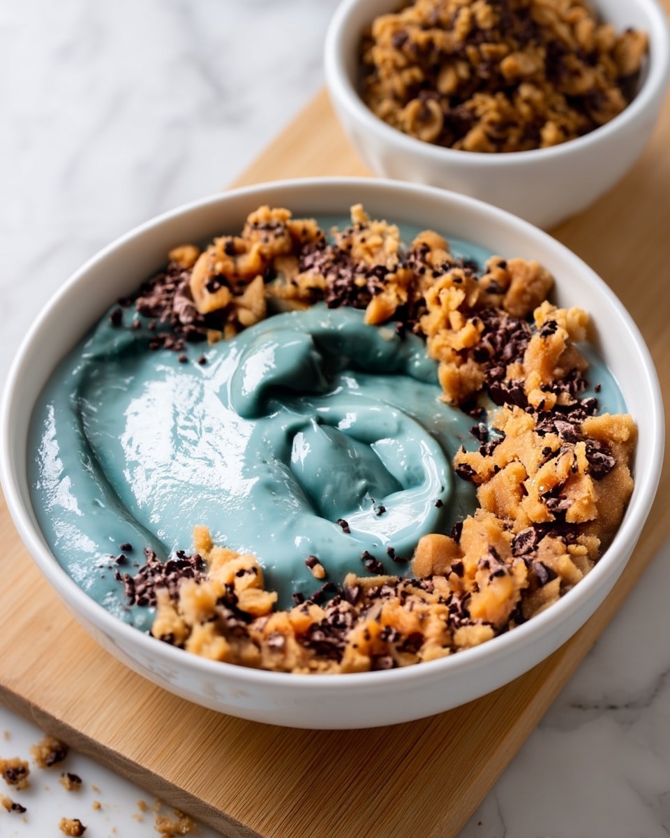 A white bowl on a white marbled surface holds a creamy, thick blue-green smoothie as the main layer, smooth and swirled. Around the edge is a ring of crumbled light brown cookie dough mixed with dark brown chocolate bits scattered evenly. A wooden spoon lifts a scoop of the blue-green smoothie with some cookie dough and chocolate bits on it, showing the thick texture of the smoothie and the crumbly texture of the dough. The background has a soft, light cream cloth out of focus. Photo taken with an iphone --ar 4:5 --v 7