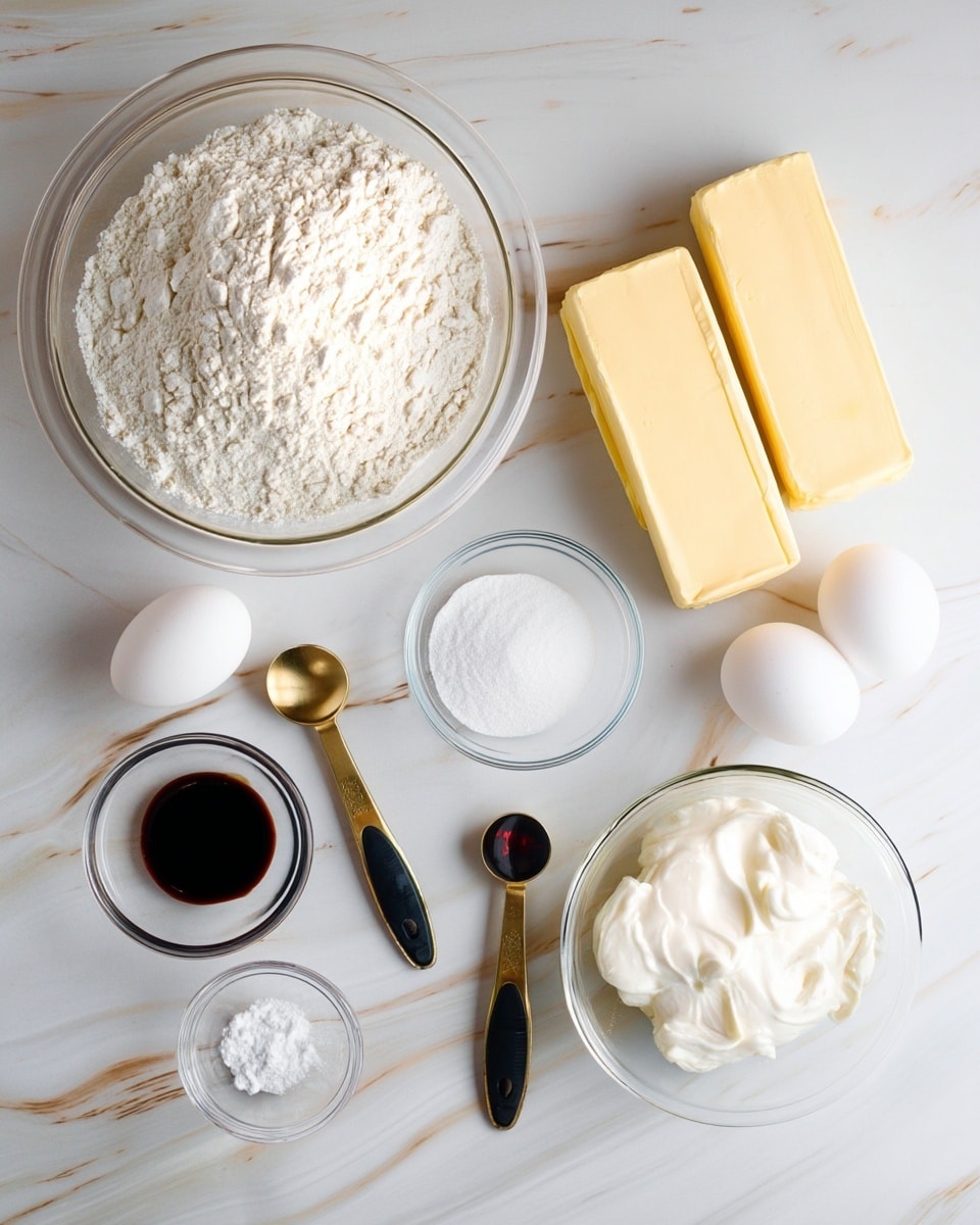 A flat lay image of baking ingredients arranged on a white marbled surface. At the top left, there is one large clear glass bowl filled with fine white flour. To the right, two sticks of butter with yellow wrappers are placed side by side. Below the flour bowl, two white eggs lie together. Next to the eggs is a small clear glass bowl with white powder, likely baking soda or baking powder. To the right of this bowl is a small golden measuring spoon with a black handle containing a dark liquid, probably vanilla extract. At the bottom edge of the image, two more small clear glass bowls are seen: one filled with white granulated sugar and the other with thick white cream or yogurt. The overall composition is clean and minimal. photo taken with an iphone --ar 4:5 --v 7